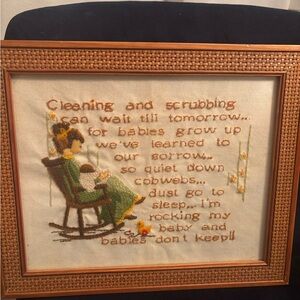 Vintage Vtg Needlepoint Crewelwork Mom Mother Baby Nursery Framed Adorable Wall